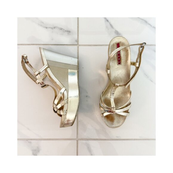 PRADA Gold Leather T Strap Wedge Sandals Size 38.5 (8.5) Y2K - Picture 1 of 11